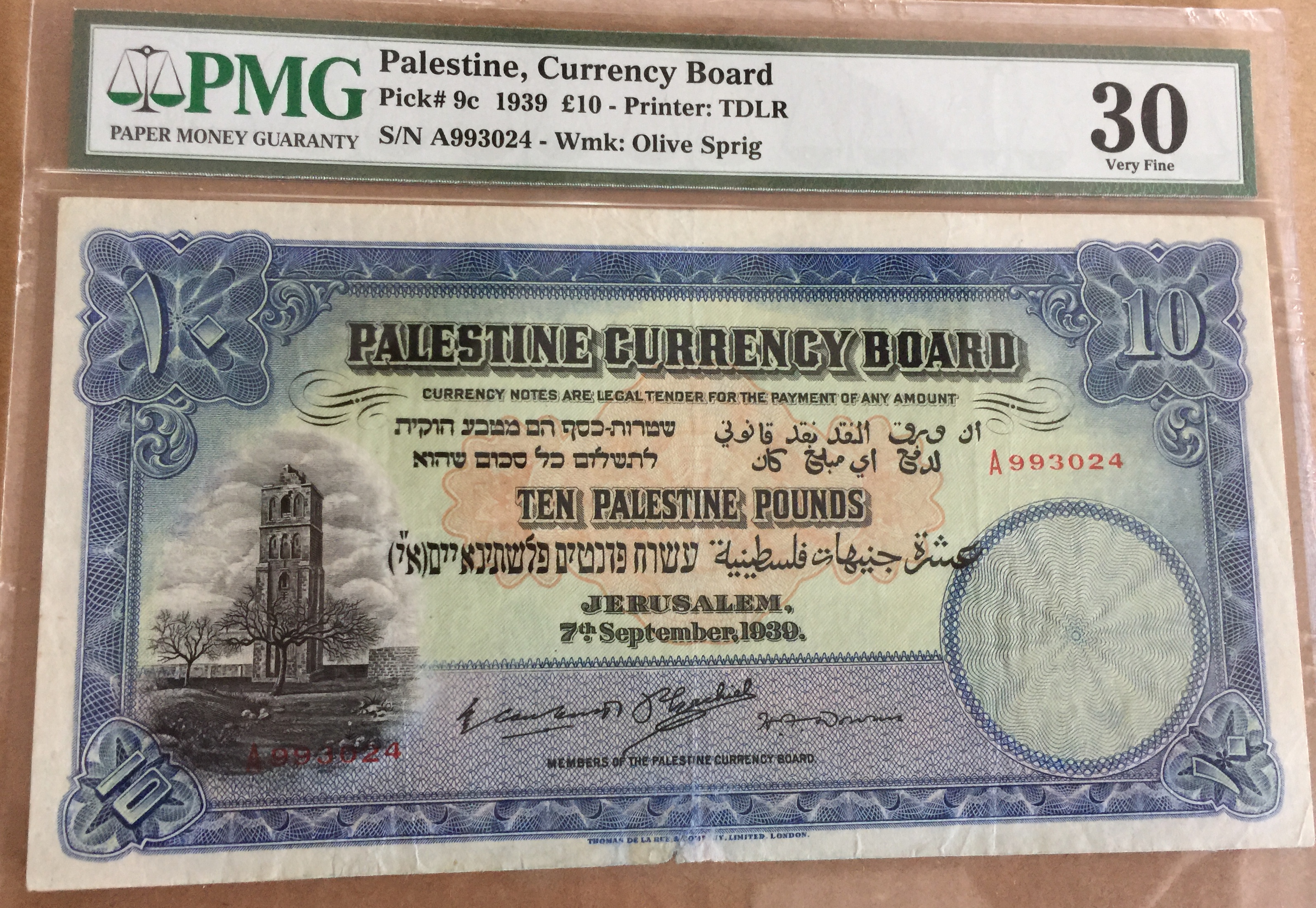 1939 Palestine 10 Pounds Banknote Pick 9c Certified by PMG 30 Very Fine