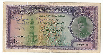 1951 Egypt 100 Pound Banknote P-27 b King Farouk George Saad Signature