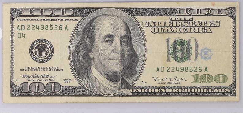 US 1996 $100 Green Withrow Rubin Note Cleveland Offset Printing Error PMG 25 VF