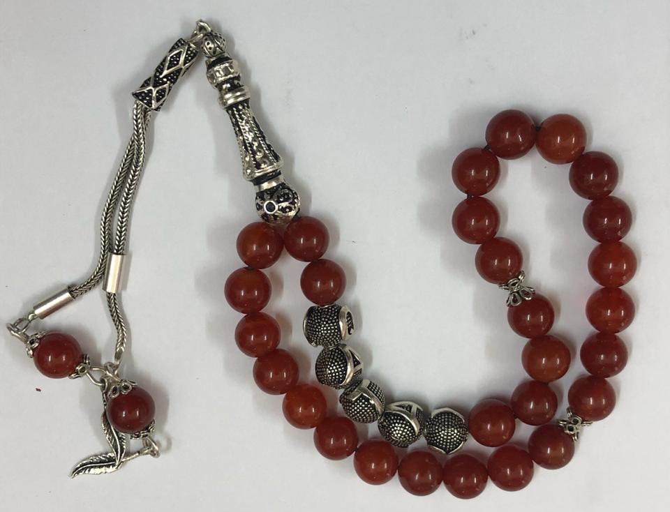 Qatar Prayer Misbaha Tasbiha 33 Bead Silver Natural Agate سبحة فضة و عقيق قطرية