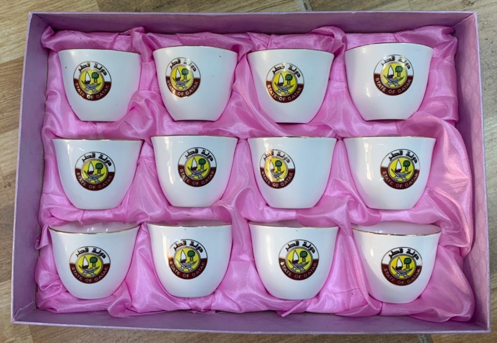 State of Qatar Royal Set of 12 Arabic Coffee Cups with Qatar Coat of Arms in Box