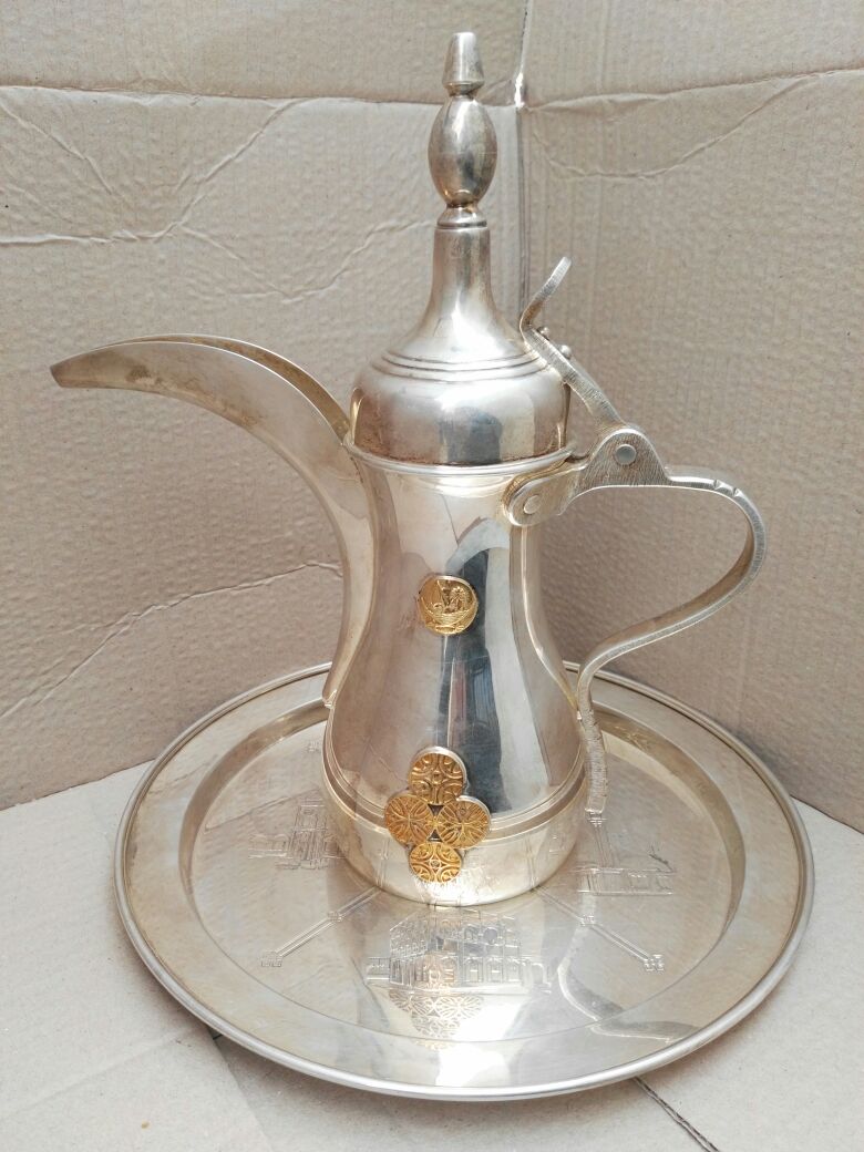 Vintage Qatar Doha Silver Coffee Pot & Tray Dallah Engraved Emir Khalifa 1832 grams 