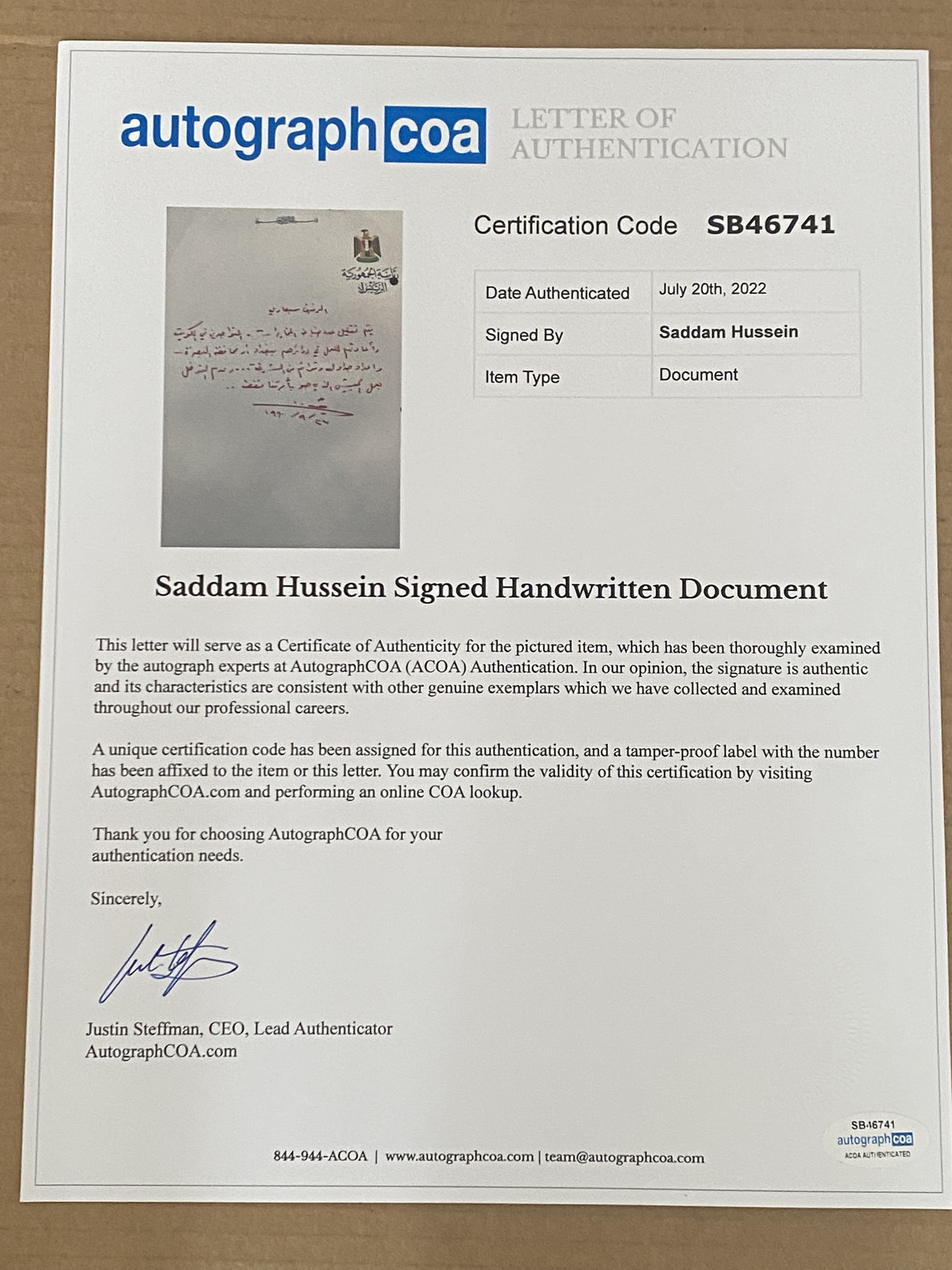 Autograph Saddam Hussein Ordered Sabawi Reduce Intelligence Officers in Kuwait