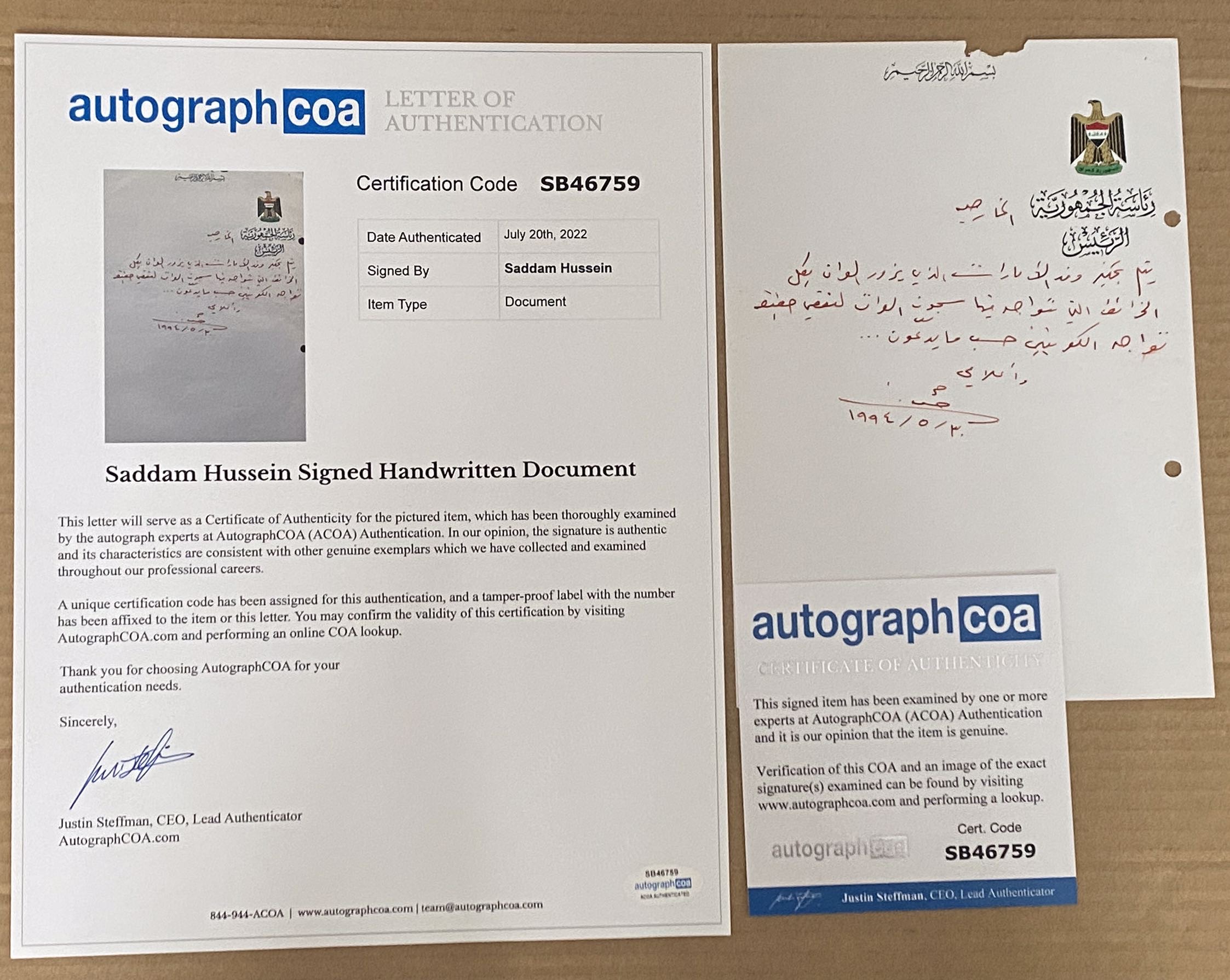 Autograph Saddam Hussein Ordered Foreign Affairs UAE Delegation Kuwaiti Prisoners