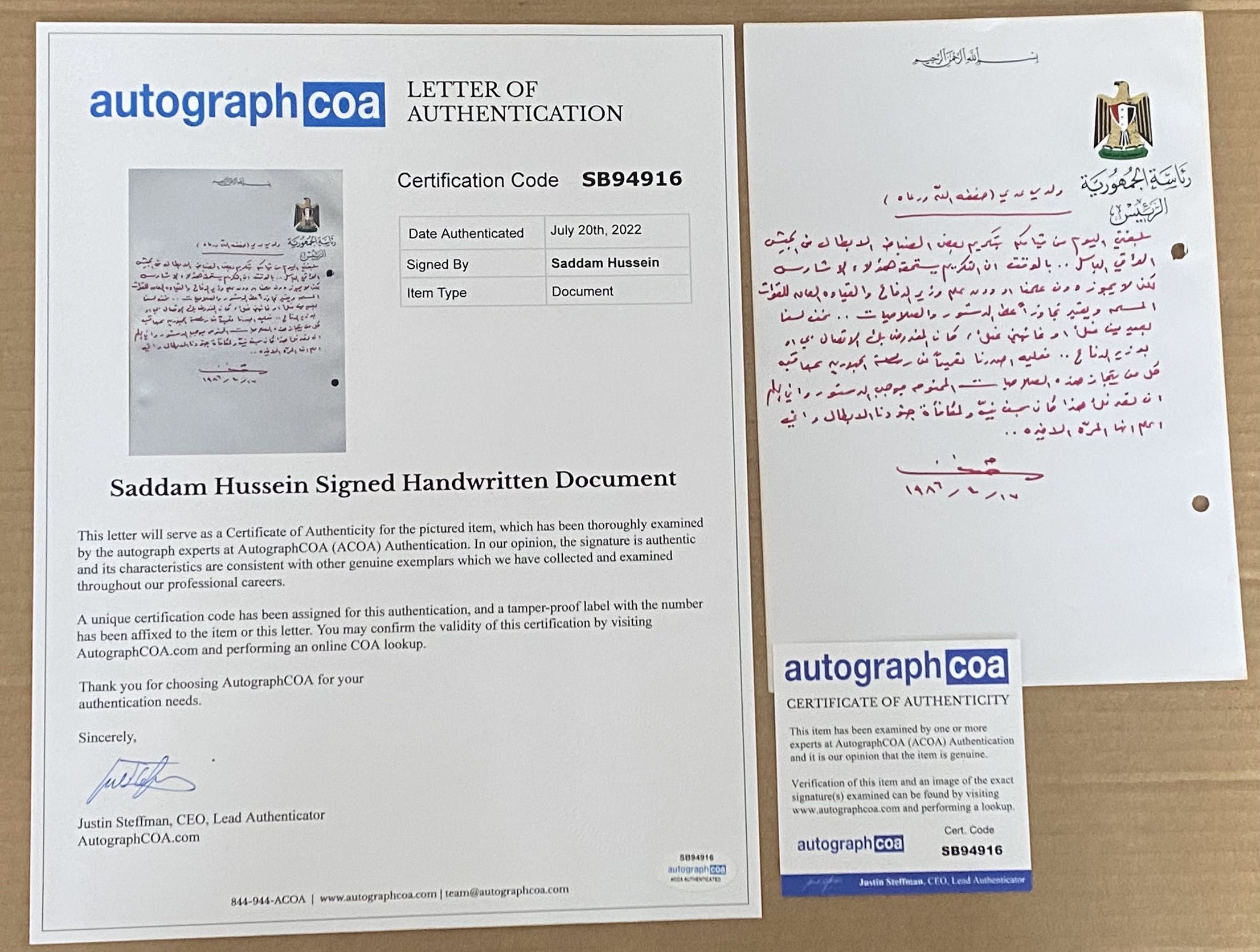 Autograph Saddam Hussein Forbids Uday from Awarding the Iraq Military Officers