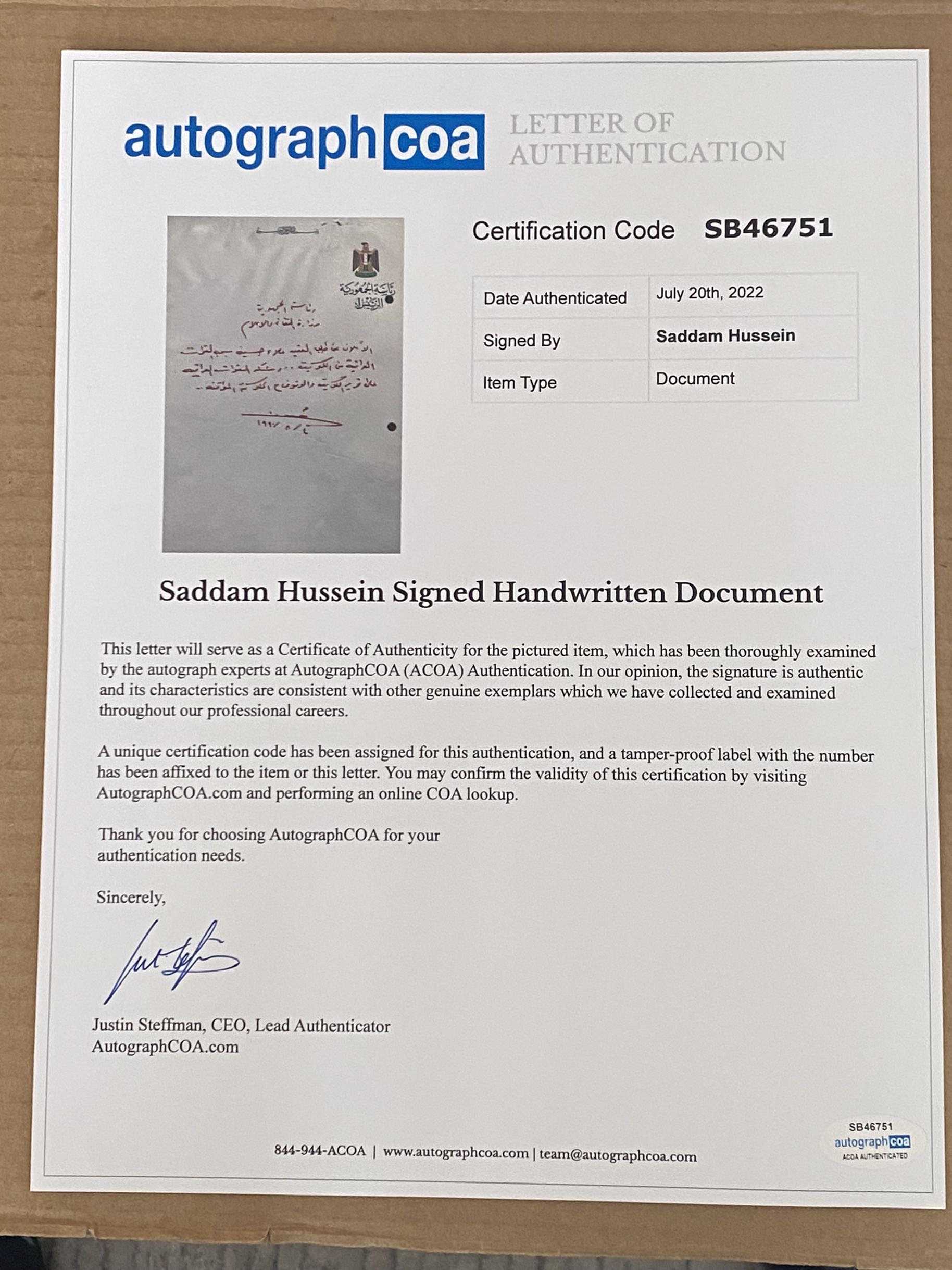 Autograph Saddam Hussein Col. Alaa Hussein Requested Withdrawal Iraqi  Forces from Kuwait